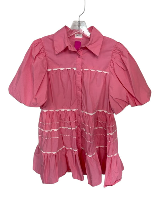 Aureum Size S Pink & White Cotton Puff Sleeves Button Up Collared Dress Pink & White / S