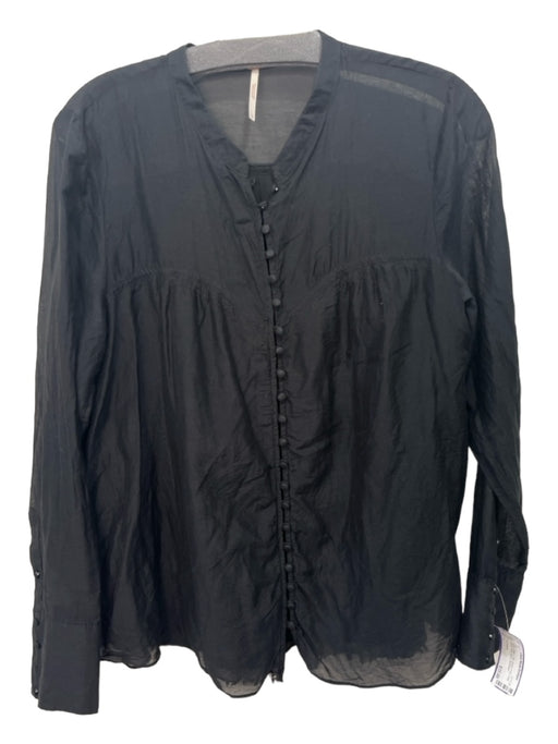 Free People Size L Black Cotton & Silk Button Front Long Sleeve Semi Sheer Top Black / L