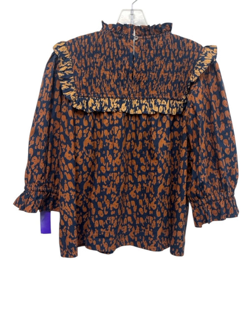 Olivia by Livro Size L Brown & Blue Cotton Back Button Ruffle Accent Top Brown & Blue / L