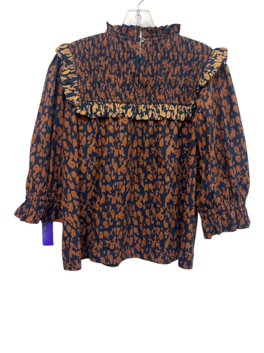 Olivia by Livro Size L Brown & Blue Cotton Back Button Ruffle Accent Top Brown & Blue / L