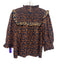 Olivia by Livro Size L Brown & Blue Cotton Back Button Ruffle Accent Top Brown & Blue / L