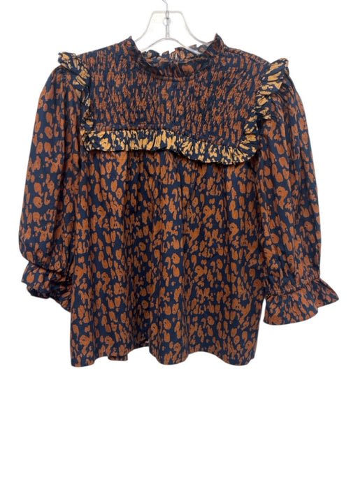 Olivia by Livro Size L Brown & Blue Cotton Back Button Ruffle Accent Top Brown & Blue / L