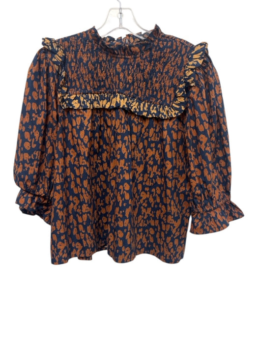 Olivia by Livro Size L Brown & Blue Cotton Back Button Ruffle Accent Top Brown & Blue / L