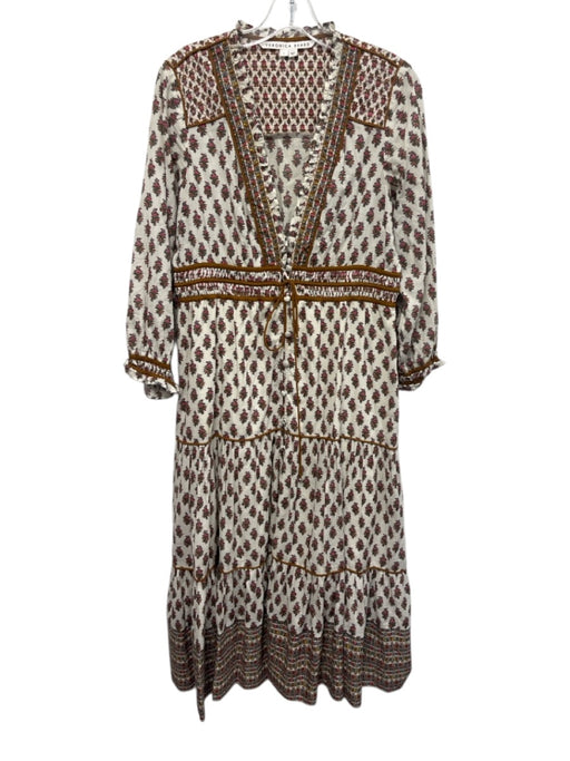 Veronica Beard Size 8 White, Brown, & Multi Cotton Ruffle Trim V Neck Dress White, Brown, & Multi / 8