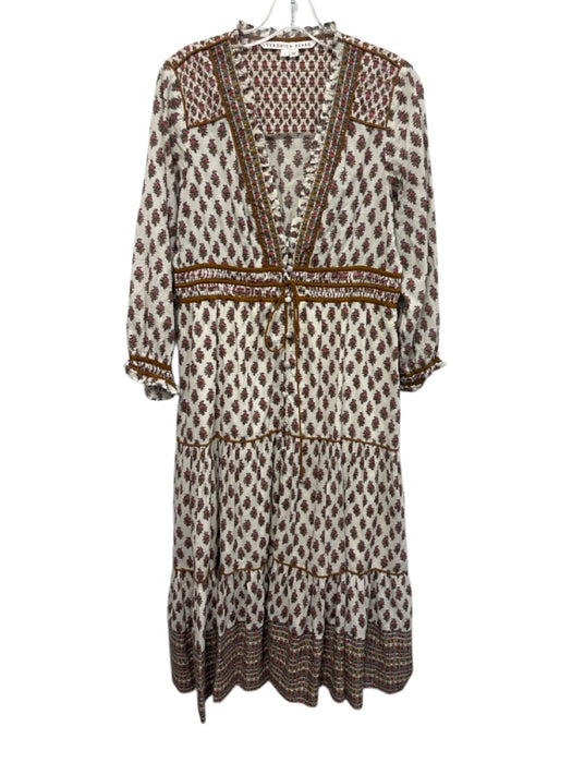 Veronica Beard Size 8 White, Brown, & Multi Cotton Ruffle Trim V Neck Dress White, Brown, & Multi / 8