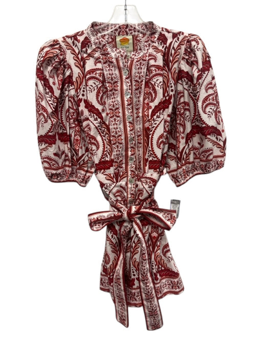 Farm Rio Size L Red, Pink & White Cotton Mock Collar Button Down Romper Red, Pink & White / L