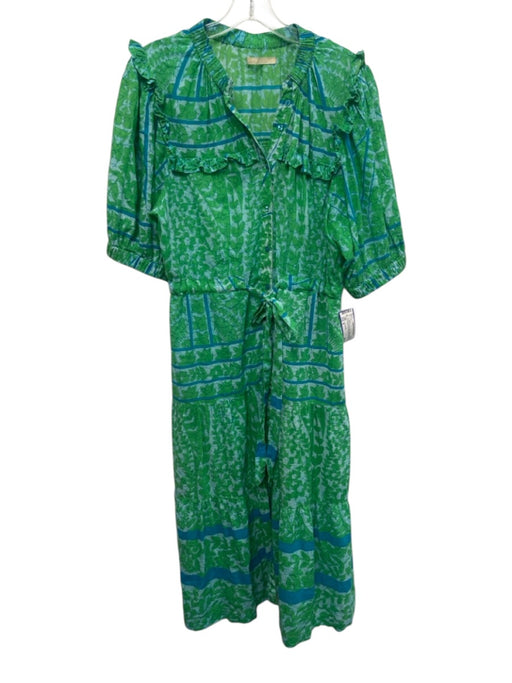 Lola Australia Size M Blue & Green Cotton Gathered Ruffle Neckline Dress Blue & Green / M