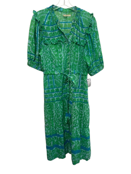 Lola Australia Size M Blue & Green Cotton Gathered Ruffle Neckline Dress Blue & Green / M
