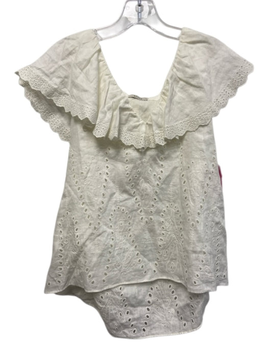 AYR Size M White Linen Ruffle Eyelet Lace Layered V Neck Top White / M