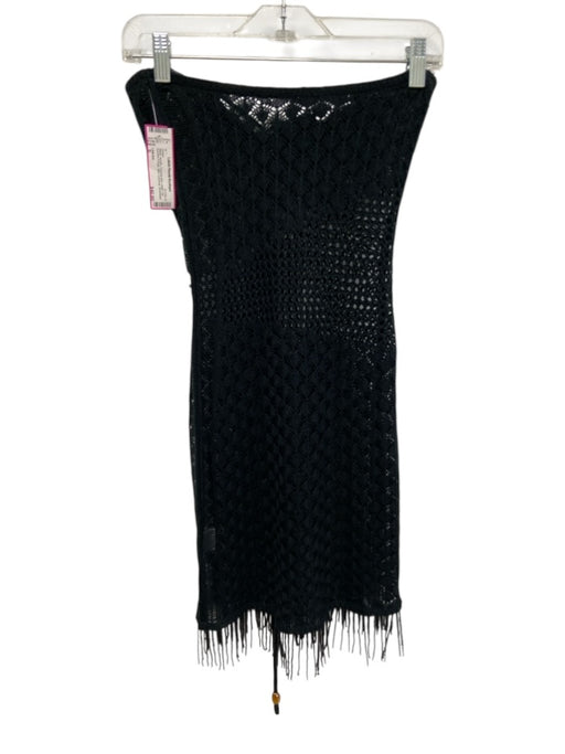 I.AM.GIA Size S Black Acrylic Crochet Knit Halter Tie Beaded Fringe Mini Dress Black / S
