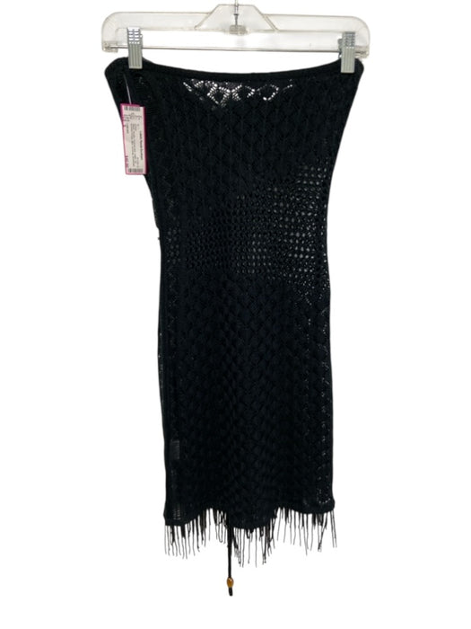 I.AM.GIA Size S Black Acrylic Crochet Knit Halter Tie Beaded Fringe Mini Dress Black / S