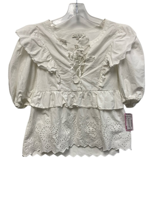 Moon River Size S White Cotton Blend Short Puff Sleeve Ruffle Tie Detail Top White / S
