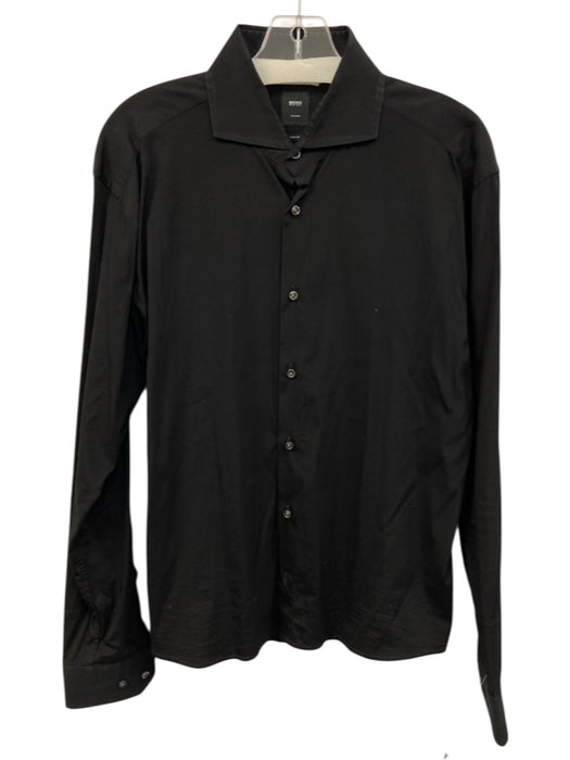 Boss AS IS Size 16.5 Black Cotton Blend Solid Button Up Men's Long Sleeve Shirt Black / 16.5
