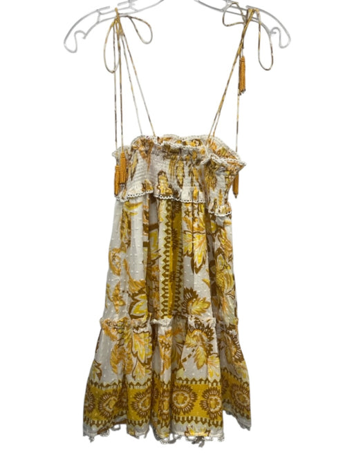 Farm Rio Size XS Yellow & White Cotton Shoulder Tie Smocked Bodice Mini Dress Yellow & White / XS