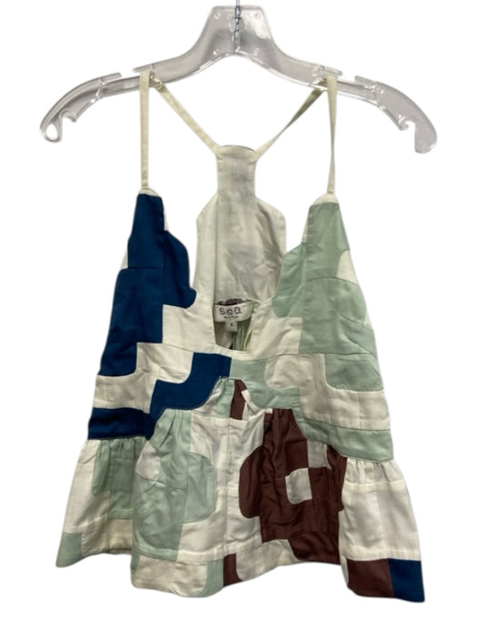 Sea New York Size S White, BLue, Brown Cotton Spaghetti Strap Quilt Detail Top White, BLue, Brown / S