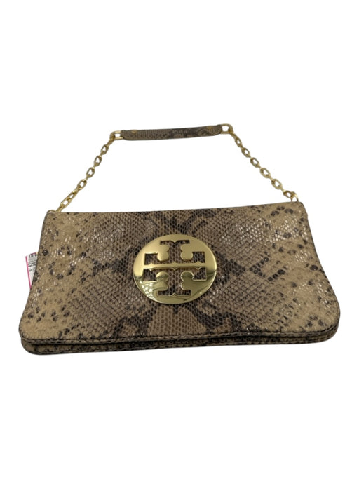 Tory Burch Beige & Gold Snake Embossed Leather Shimmer Magnetic Flap Bag Beige & Gold / S