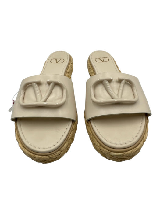 Valentino Garavani Shoe Size 37 White & Beige Leather Jute Logo Slides Sandals White & Beige / 37