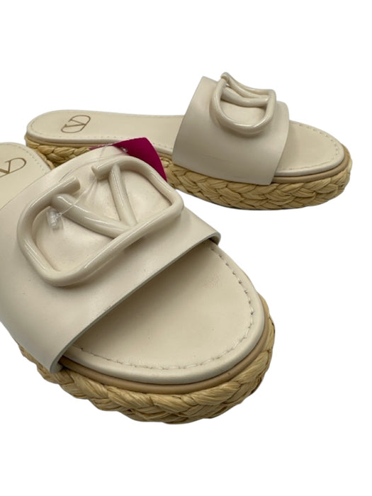 Valentino Garavani Shoe Size 37 White & Beige Leather Jute Logo Slides Sandals White & Beige / 37