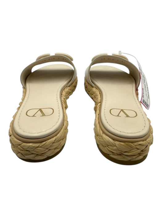 Valentino Garavani Shoe Size 37 White & Beige Leather Jute Logo Slides Sandals White & Beige / 37