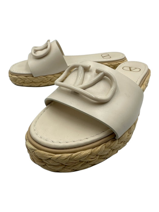 Valentino Garavani Shoe Size 37 White & Beige Leather Jute Logo Slides Sandals White & Beige / 37