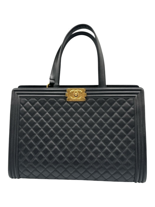 Chanel Black Leather Top Handle Quilted Tote Shopper Bag Black / Large