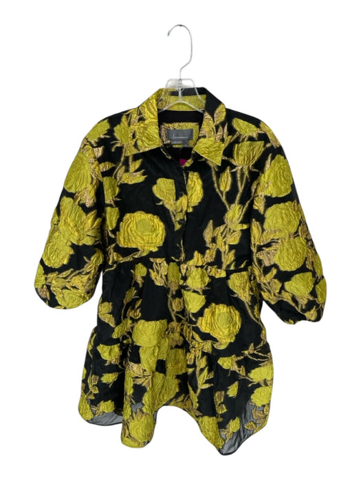 By Anthropologie Size XS Black & Yellow Polyester jaquard Flowers Metallic Dress Black & Yellow / XS