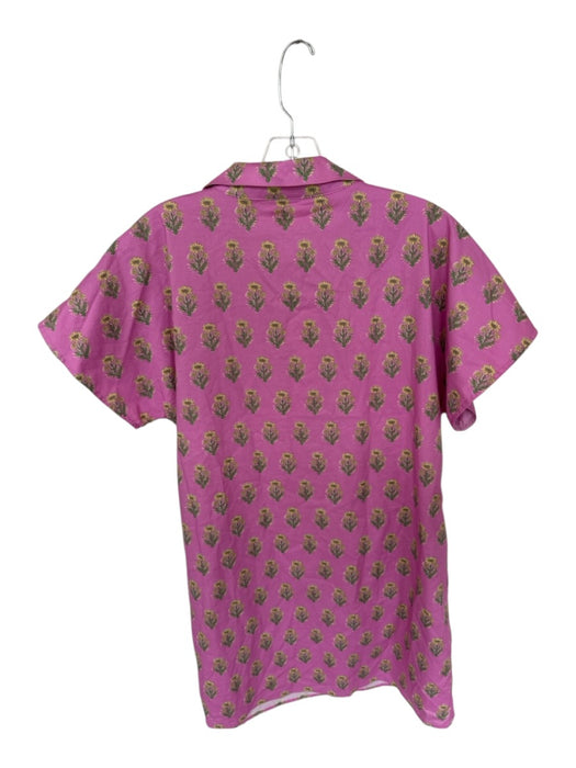 THML Size L Purple & Green Cotton Short Sleeve Flowers Collar Split neck Dress Purple & Green / L