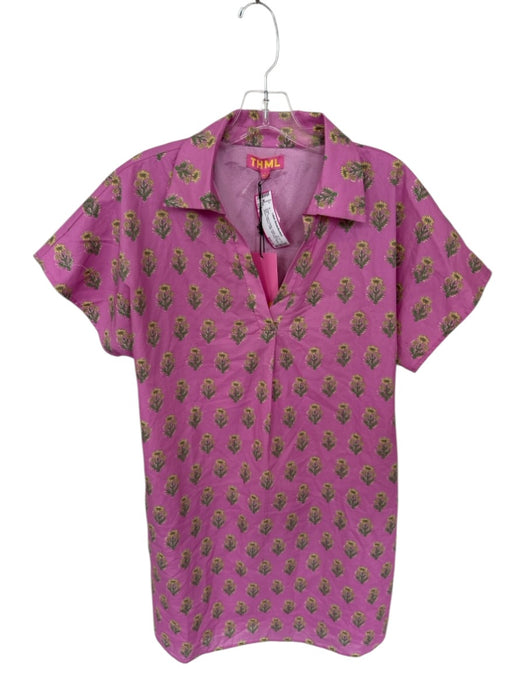 THML Size L Purple & Green Cotton Short Sleeve Flowers Collar Split neck Dress Purple & Green / L