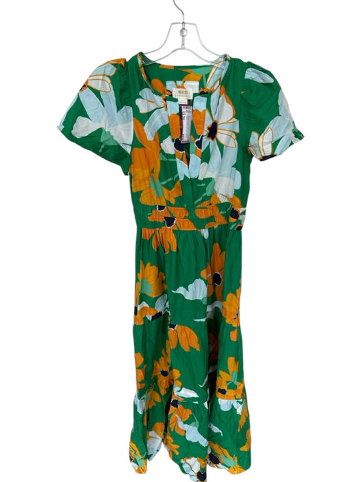 Maeve Size XS Green & Orange Cotton Short Sleeve Flowers Elastic Waist Dress Green & Orange / XS