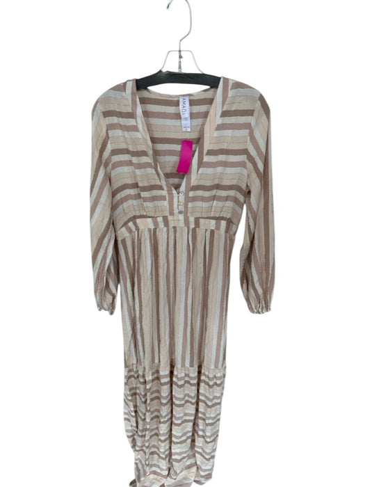 Amadi Size S Taupe & White Rayon Blend Long Sleeve Striped Metallic Thread Dress Taupe & White / S