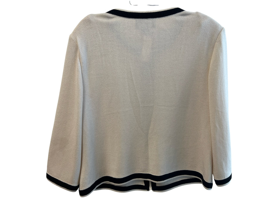St John Caviar Size 12 White & Black Knit Round Neck Front Zip Trim Jacket White & Black / 12