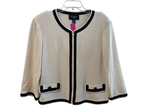 St John Caviar Size 12 White & Black Knit Round Neck Front Zip Trim Jacket White & Black / 12