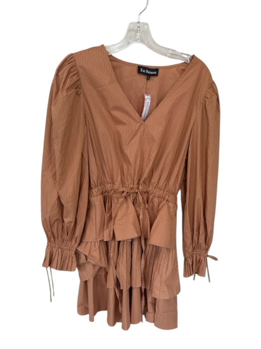 En Saison Size L Tan & brown Cotton Long Balloon Sleeve Striped Dress