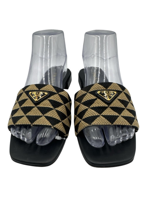 Prada Shoe Size 38.5 Black & Beige Leather Jacquard Slide Heel Box Inc. Sandals Black & Beige / 38.5