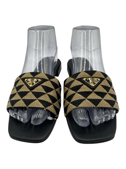 Prada Shoe Size 38.5 Black & Beige Leather Jacquard Slide Heel Box Inc. Sandals Black & Beige / 38.5