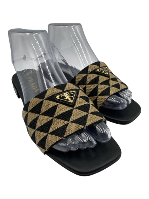 Prada Shoe Size 38.5 Black & Beige Leather Jacquard Slide Heel Box Inc. Sandals Black & Beige / 38.5