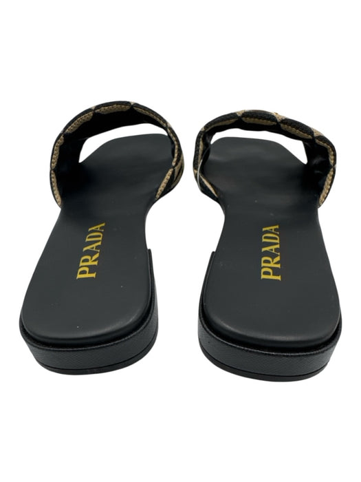 Prada Shoe Size 38.5 Black & Beige Leather Jacquard Slide Heel Box Inc. Sandals Black & Beige / 38.5