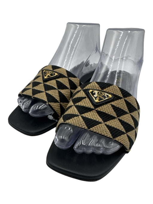 Prada Shoe Size 38.5 Black & Beige Leather Jacquard Slide Heel Box Inc. Sandals Black & Beige / 38.5
