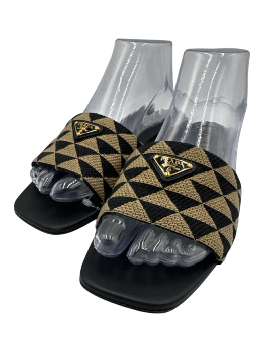 Prada Shoe Size 38.5 Black & Beige Leather Jacquard Slide Heel Box Inc. Sandals Black & Beige / 38.5