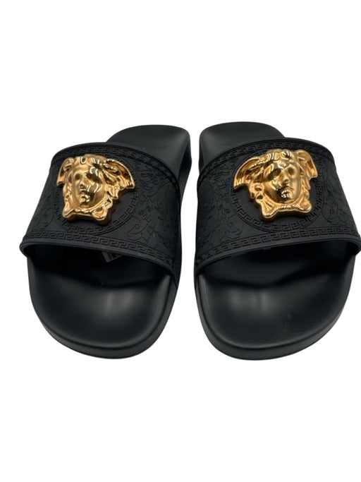 Versace Shoe Size 38.5 Black & Gold Rubber Peep Toe Medusa Greek Key Sandals Black & Gold / 38.5