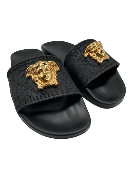 Versace Shoe Size 38.5 Black & Gold Rubber Peep Toe Medusa Greek Key Sandals Black & Gold / 38.5