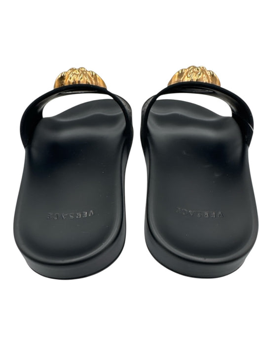Versace Shoe Size 38.5 Black & Gold Rubber Peep Toe Medusa Greek Key Sandals Black & Gold / 38.5