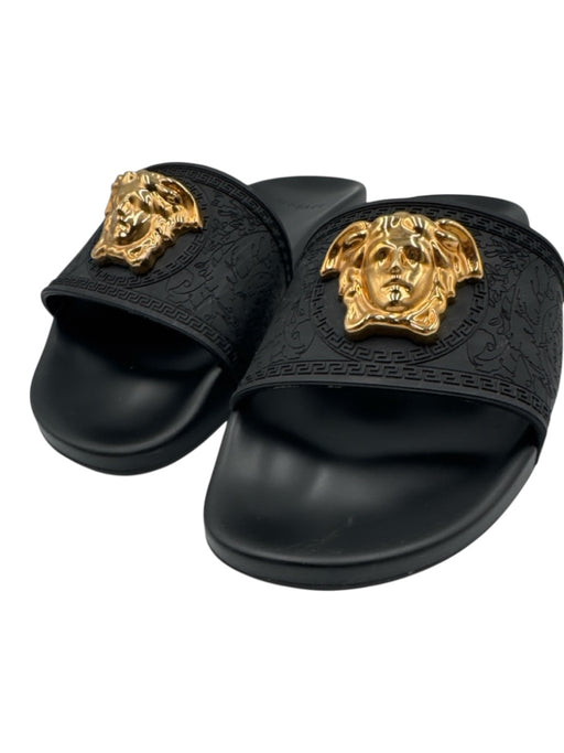 Versace Shoe Size 38.5 Black & Gold Rubber Peep Toe Medusa Greek Key Sandals Black & Gold / 38.5