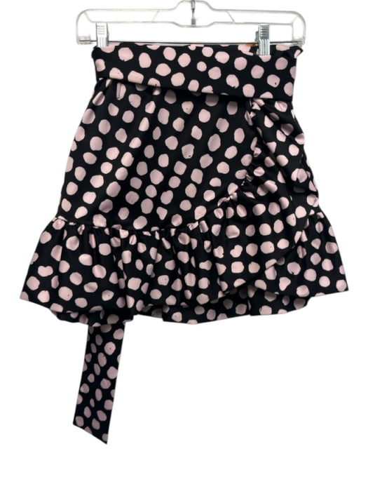 Tanya Taylor Size XS Black & Pink Polyester Faux Wrap Polka Dot Ruffle Skirt Black & Pink / XS