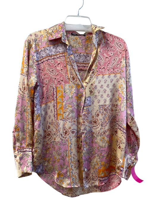 Zara Size XS Pink & Multi Polyester Collared Button Down Floral Long Sleeve Top Pink & Multi / XS