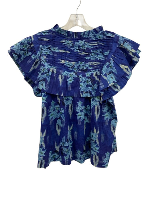Ro's Garden Size M Blue Multi Cotton Button Up Tiered Short Sleeve Top Blue Multi / M