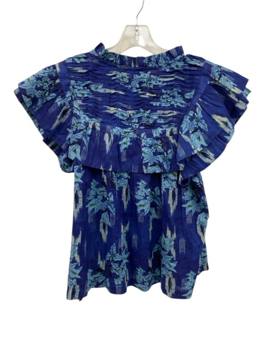 Ro's Garden Size M Blue Multi Cotton Button Up Tiered Short Sleeve Top Blue Multi / M