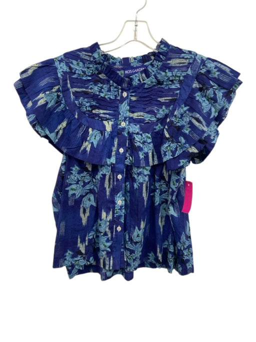 Ro's Garden Size M Blue Multi Cotton Button Up Tiered Short Sleeve Top Blue Multi / M