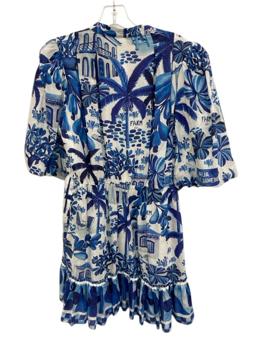 Farm Rio Size M blue and white Cotton Blend Tropical Print Button Down Dress blue and white / M