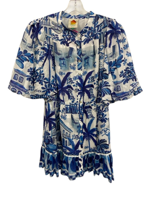 Farm Rio Size M blue and white Cotton Blend Tropical Print Button Down Dress blue and white / M